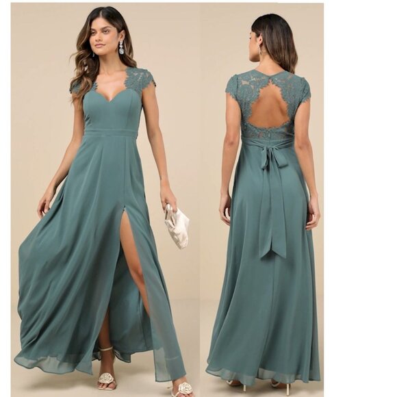 Lulus Momentous Moments Dark Sage Green Lace Backless Maxi Dress Small New NWT - Picture 1 of 4